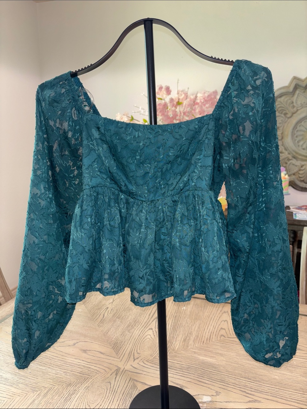 Altar'd State Teal Lace Peplum Long-Sleeve Top